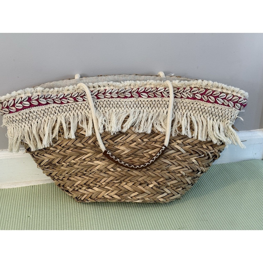 Sun 'N' Sand Straw Woven Seagrass Shell And Fringe Shoulder Beach Tote Bag Zip